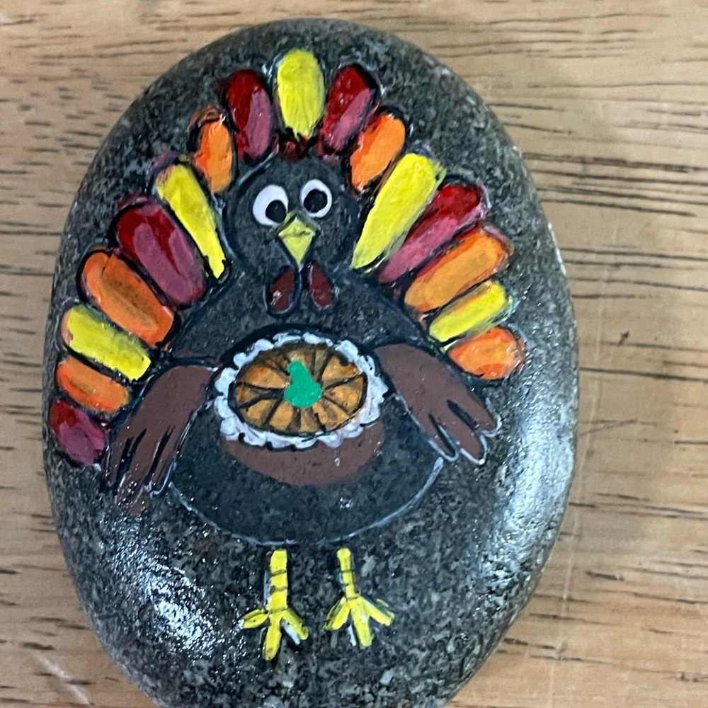 Hand crafted painted Thanksgiving turkey pumpkin pie rock natural stone orange - Picture 11 of 12